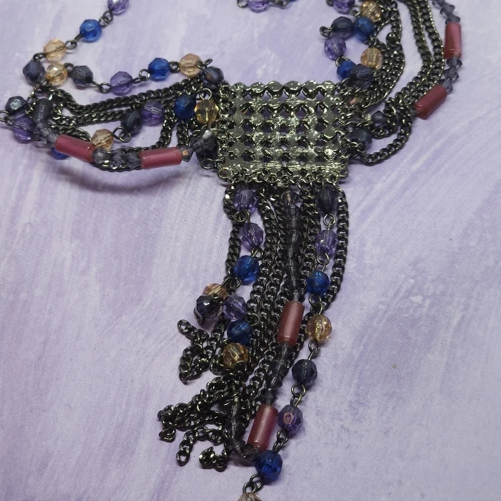 Joann She Multi-Strand Necklace Square Multi-Colored Rhinestone & Bead Pendant